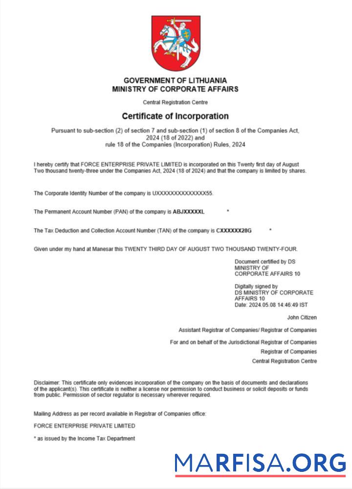 Blank Lithuania company registration certificate Word and PDF template